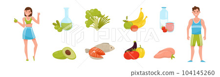 Healthy Diet with Young Man and Woman and Balanced Food Vector Set Healthy Diet with Young Man and Woman and Balanced Food Vector Set 104145260