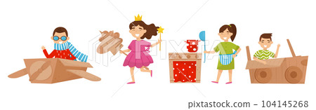 Kids with Cardboard Box Playing Creative Crafted Toy and Game Vector Set Kids with Cardboard Box Playing Creative Crafted Toy and Game Vector Set 104145268