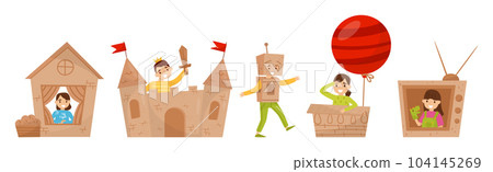Kids with Cardboard Box Playing Creative Crafted Toy and Game Vector Set 104145269