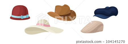 Stylish Brimmed Hat as Elegant Headdress Vector Set 104145270