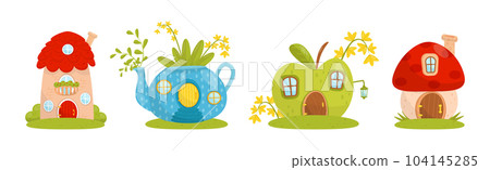 Fantasy Tiny House on Green Lawn in the Garden Vector Set Fantasy Tiny House on Green Lawn in the Garden Vector Set 104145285