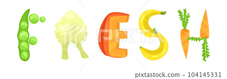 Veggie English Fresh Word with Alphabet Letters Made from Fresh Fruit and Vegetables Vector Set 104145331