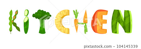 Veggie English Kitchen Word with Alphabet Letters Made from Fresh Fruit and Vegetables Vector Set Veggie English Kitchen Word with Alphabet Letters Made from Fresh Fruit and Vegetables Vector Set 104145339