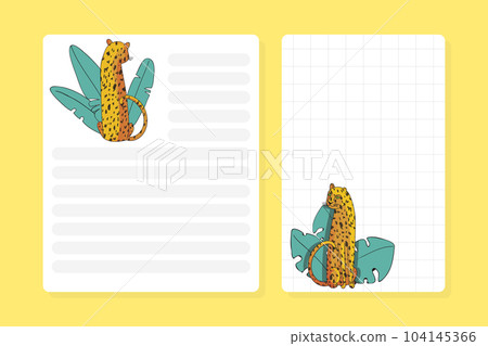Blank Card with Leopard Animal in Tropical Foliage Vector Template 104145366