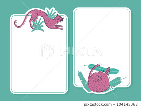 White Empty Frame with Leopard Animal in Tropical Foliage Vector Template 104145368