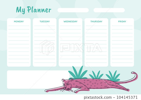 Planner with Leopard Animal in Tropical Foliage Vector Template 104145371