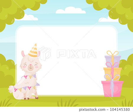 Empty Card with Cute Fluffy Llama or Alpaca Character Vector Template 104145380