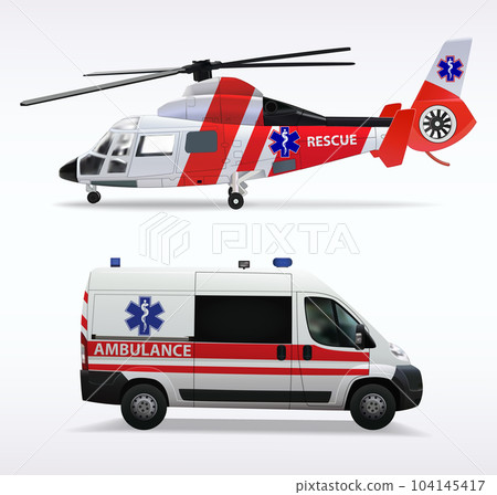 Ambulance helicopter and ambulance car. air and ground transportation to transport injured and sick people to the hospital. Isolated objects on white background. Vector illustration. Ambulance helicopter and ambulance car. air and ground transportation to transport injured and sick people to the hospital. Isolated objects on white background. Vector illustration. 104145417