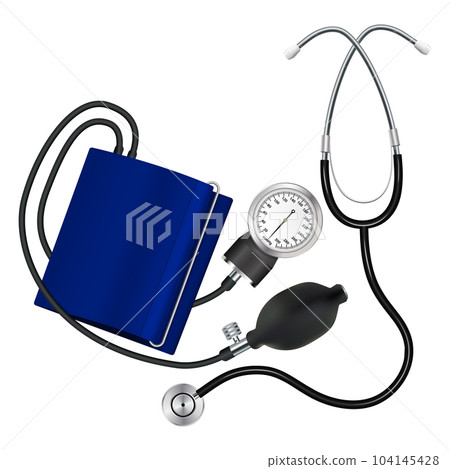 Tonometer and phonendoscope. Medical instruments for measuring blood pressure and listening to internal organs. Vector Tonometer and phonendoscope. Medical instruments for measuring blood pressure and listening to internal organs. Vector 104145428
