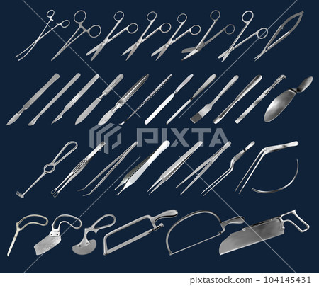 Set of surgical instruments. Tweezers, scalpels, saws, amputation knives, microsurgical forceps and clamps, abdominal spatulas, hook, needle. Scissors of different shapes and purposes. Vector Set of surgical instruments. Tweezers, scalpels, saws, amputation knives, microsurgical forceps and clamps, abdominal spatulas, hook, needle. Scissors of different shapes and purposes. Vector 104145431