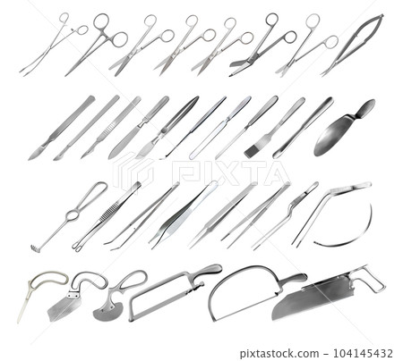 Set of surgical instruments. Tweezers, scalpels, saws, amputation knives, microsurgical forceps and clamps, abdominal spatulas, hook, needle. Scissors of different shapes and purposes. Vector 104145432
