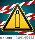 Gas bottle. Attention is dangerous. Warning sign. Barrier tape. Striped red white tape. Safety technology. Yellow triangle with black image. Vector illustrations. 104145448