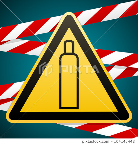 Gas bottle. Attention is dangerous. Warning sign. Barrier tape. Striped red white tape. Safety technology. Yellow triangle with black image. Vector illustrations. Gas bottle. Attention is dangerous. Warning sign. Barrier tape. Striped red white tape. Safety technology. Yellow triangle with black image. Vector illustrations. 104145448