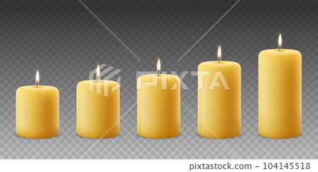 Vector 3d Realistic Yellow, Orange Paraffin Wax Burning Party, Spa Candle Set with Flame of a Candle, Isolated. Different Size Collection. Design Template, Front View 104145518
