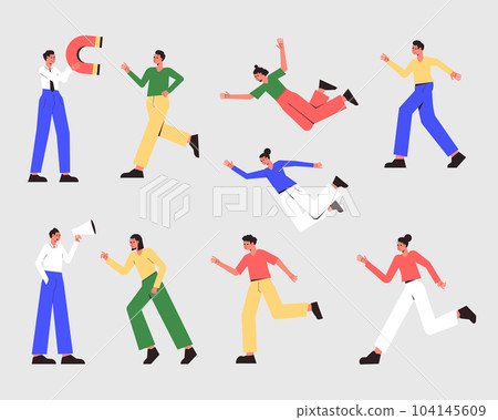 Business Man and Woman Character with Megaphone and Magnet Vector Set 104145609