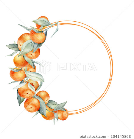 Wreath with Orange Fruits. Hand drawn watercolor illustration of circular Frame with citrus food and green leaves on white isolated background. Border with tropical mandarins for product icon or logo. 104145868