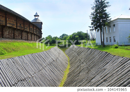Baturyn Citadel with protective ditch. Ancient Slavonic architecture of fortress 104145965