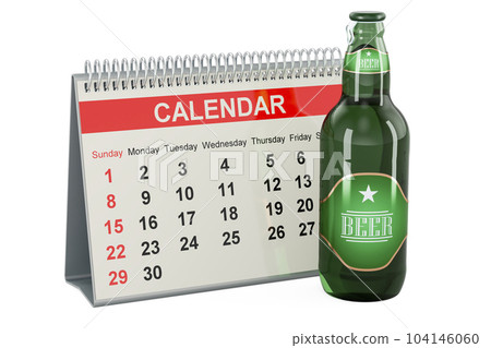 Beer bottle with desk calendar, 3D rendering Beer bottle with desk calendar, 3D rendering 104146060
