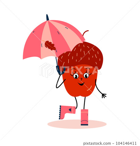 Happy acorn in pink rubber boot with umbrela in hand. Autumn character 104146411