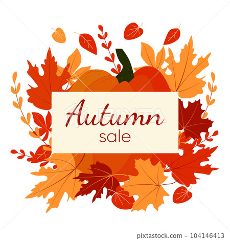 Autumn leaves and pumpkins sale border frame on white background Autumn leaves and pumpkins sale border frame on white background 104146413