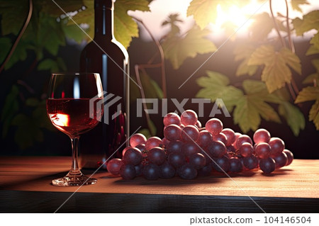 Red wine in wineglass and bottle on table. Summer landscape. Illustration. Generative AI. 104146504