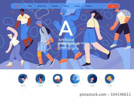 Artificial intelligence, AI and humanity -modern flat vector concept illustration of AI character walking among people in everyday life. Metaphor of AI advantage, benefit, friendliness concept Artificial intelligence, AI and humanity -modern flat vector concept illustration of AI character walking among people in everyday life. Metaphor of AI advantage, benefit, friendliness concept 104146611