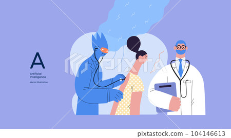 Artificial intelligence, Medicine -modern flat vector concept illustration of AI auscultating patient with stethoscope. Human doctor nearby. Metaphor of AI advantage, superiority and dominance concept Artificial intelligence, Medicine -modern flat vector concept illustration of AI auscultating patient with stethoscope. Human doctor nearby. Metaphor of AI advantage, superiority and dominance concept 104146613