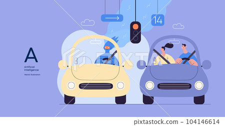 Artificial intelligence, Driving -modern flat vector concept illustration of An artificial intelligence-controlled car. Metaphor of autonomous vehicle, AI superiority and dominance concept 104146614