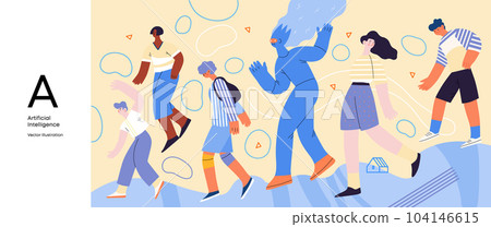 Artificial intelligence, AI and humanity -modern flat vector concept illustration of AI character walking among people in everyday life. Metaphor of AI advantage, benefit, friendliness concept Artificial intelligence, AI and humanity -modern flat vector concept illustration of AI character walking among people in everyday life. Metaphor of AI advantage, benefit, friendliness concept 104146615