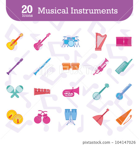 Set of colored musical instruments icons Vector Set of colored musical instruments icons Vector 104147026