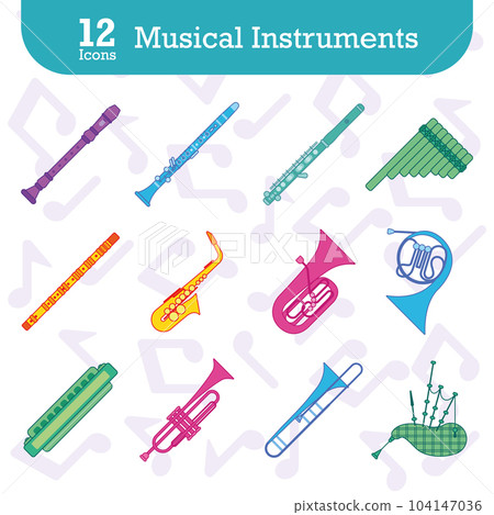 Set of colored musical instruments icons Vector 104147036