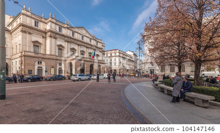 Panorama showing theater La Scala timelapse and a monument to Leonardo da Vinci 104147146