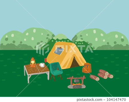藍天和帳篷露營戶外背景的水彩手繪風格插圖 104147470