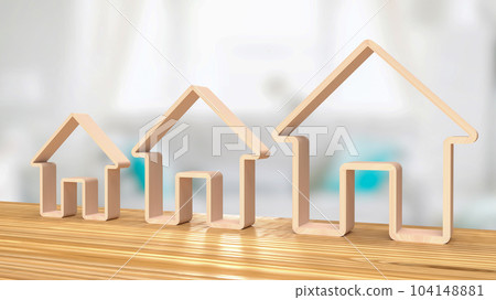 The wood home icon multi size on wood table for property or building business 3d rendering 104148881