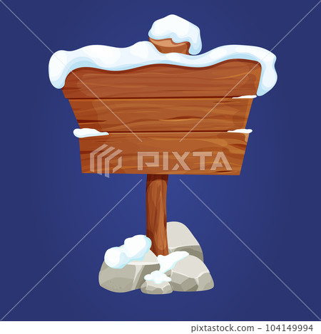 Old wooden blank, signboard on stick with snow and stones in cartoon style.Empty frame, direction plank isolated on white background. Game element Season decoration 104149994