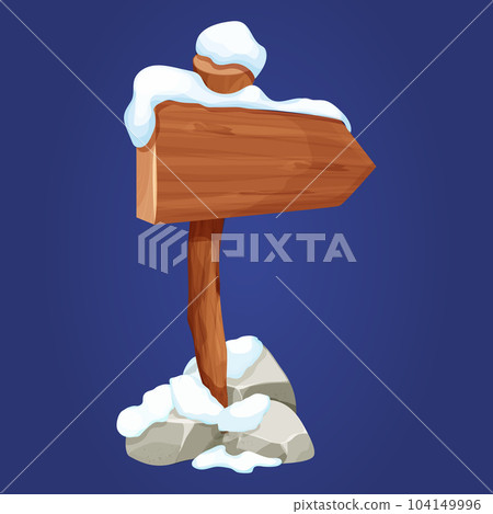 Old wooden blank, signboard on stick with snow and stones in cartoon style.Empty frame, direction plank isolated on white background. Game element Season decoration 104149996