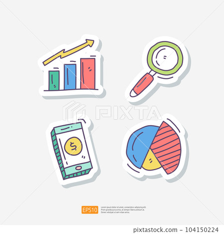 graphic chart and analysis concept with magnifier. mobile payment and transfer. data report and digital marketing concept doodle sticker icon set vector illustration graphic chart and analysis concept with magnifier. mobile payment and transfer. data report and digital marketing concept doodle sticker icon set vector illustration 104150224
