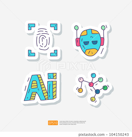 Artificial intelligence AI. finger print recognition, android robot head, algorithm. data filter or analysis for engineering, brainstorming sign. Hand drawn doodle sticker icon set vector illustration 104150243