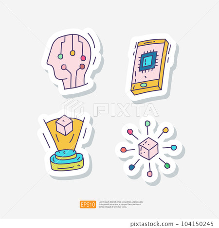 Artificial intelligence AI. circuit board and brain, chip structure on smartphone, idea box, algorithm filter or analysis. data engineering, brainstorming. doodle sticker icon set vector illustration 104150245