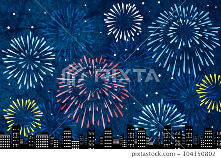 Japanese paper watercolor style summer greeting postcard horizontal of the city fireworks display 104150802