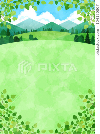 里山垂直，四個角有葉子，水彩風格 104150807