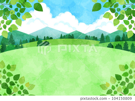 水彩風格的四個角上有葉子的里山風景 水彩風格的四個角上有葉子的里山風景 104150809