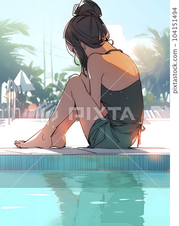 Girl squatting by the pool (Generative AI) 104151494