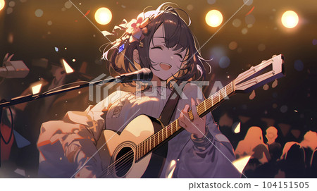 A charismatic female singer-songwriter who sings in front of a large audience (Generative AI) 104151505