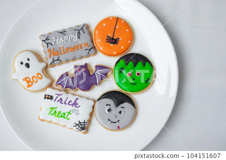 Happy Halloween with funny Cookies; Pumpkin, scary ghost, spooky mummy, bat, frankenstein, dracula and spider. Trick or Threat, Hello October, fall autumn, Traditional, party and holiday concept Happy Halloween with funny Cookies; Pumpkin, scary ghost, spooky mummy, bat, frankenstein, dracula and spider. Trick or Threat, Hello October, fall autumn, Traditional, party and holiday concept 104151607