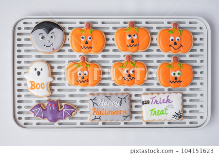 Halloween funny Cookies on tray. Trick or Threat, Happy Halloween, Hello October, fall autumn, Festive, party and holiday concept 104151623