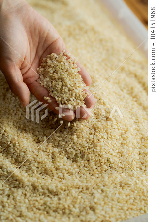 Brown rice and a photo of a woman's hand Brown rice and a photo of a woman's hand 104151968