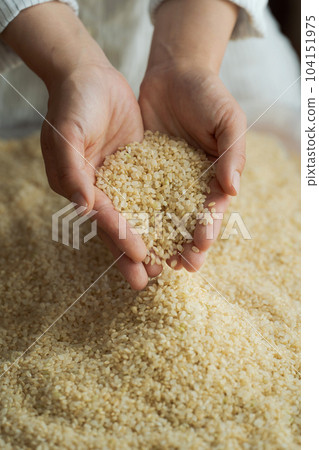 Brown rice and a photo of a woman's hand 104151975