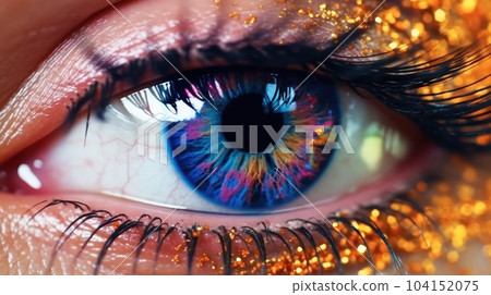 Colorful eye makeup close up, Abstract colorful iris, Long eyelashes and glitter makeup 104152075