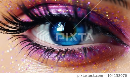 Macro shot of beautiful woman's eye with perfect art makeup, Smoky eyes, long eyelashes. 104152076
